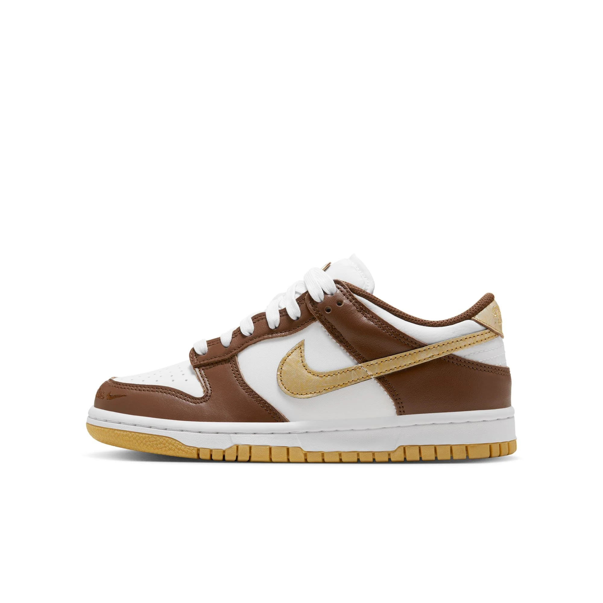 Youth (GS) Nike Dunk Low - WHITE/METALLIC GOLD-WHITE-CACAO WOW - Image 5