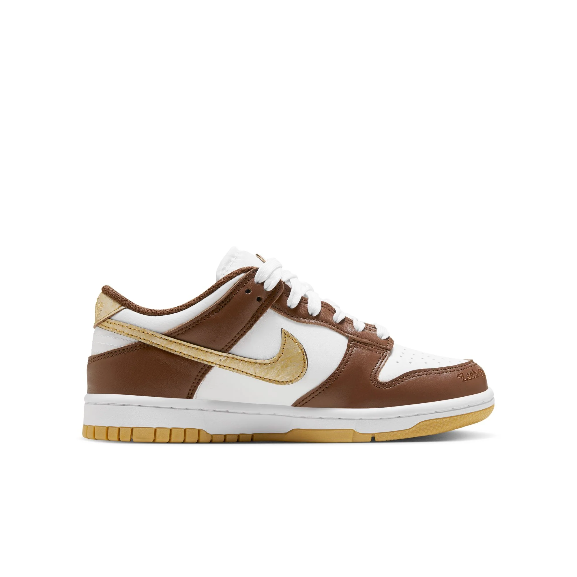 Youth (GS) Nike Dunk Low - WHITE/METALLIC GOLD-WHITE-CACAO WOW - Image 7